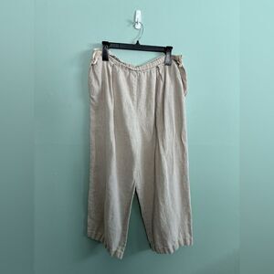 Eileen Fisher Tan Irish Linen Wide Leg Crinkle Cropped Pants Sz L See Descrip